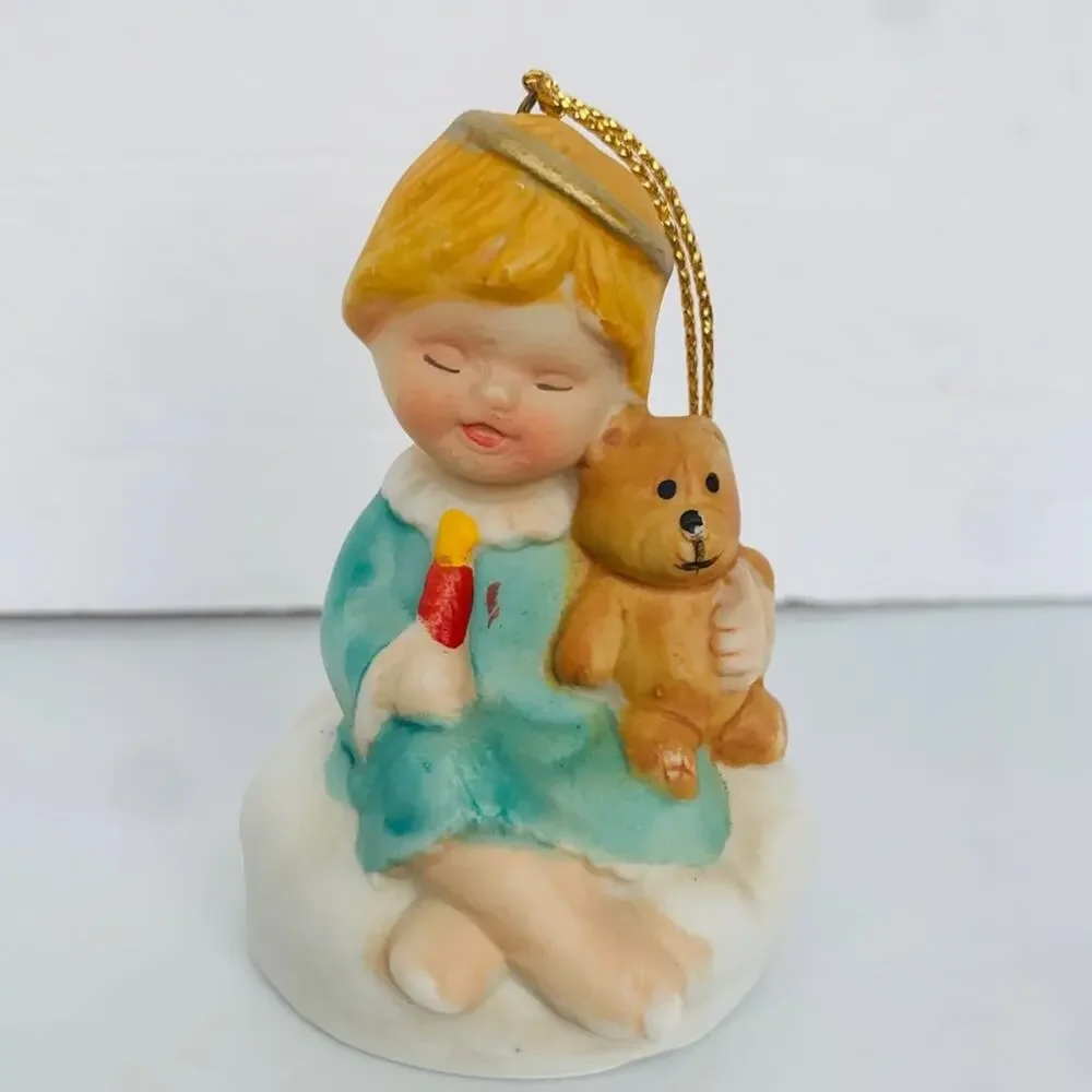 Vintage Angel Teddy Bear Bisque Christmas Tree Ornament